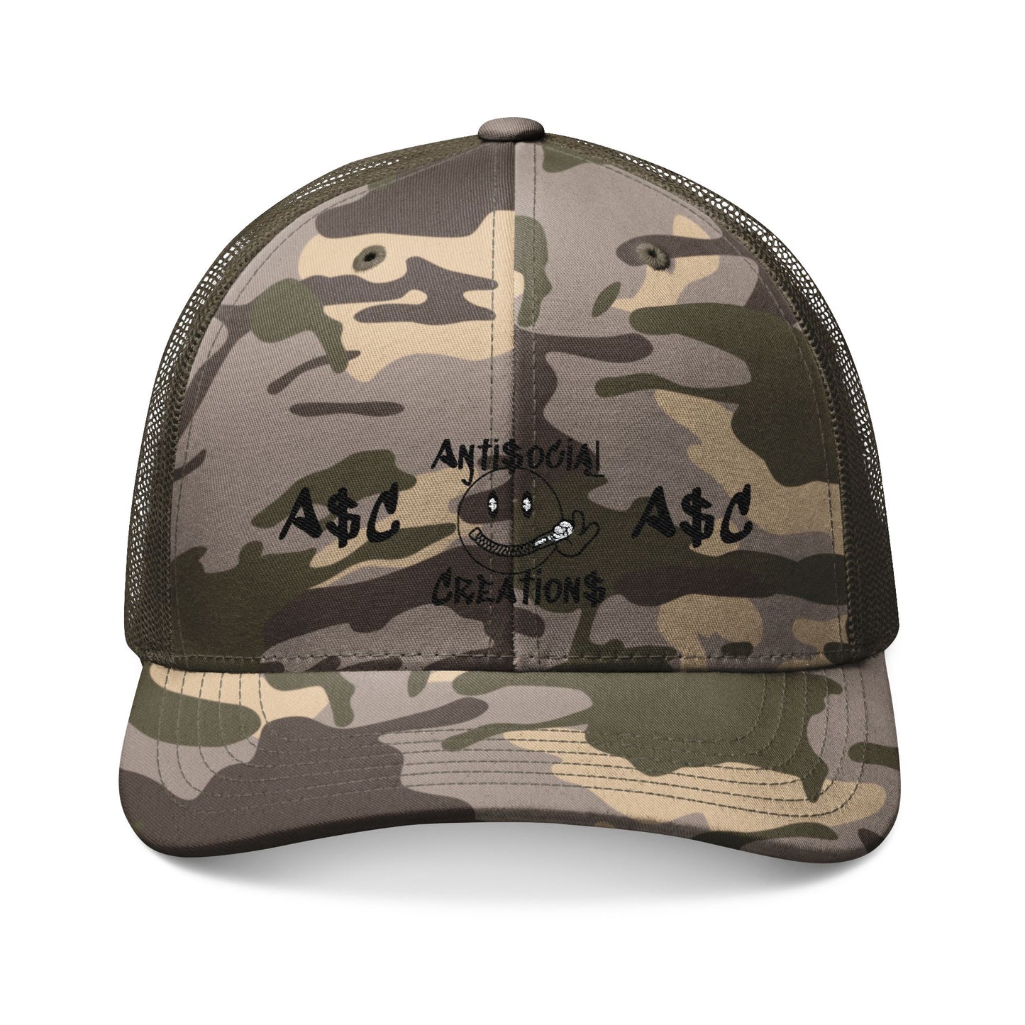 Camouflage Trucker Hat — Embroidered Rustic Camo Cap with Skull Logo