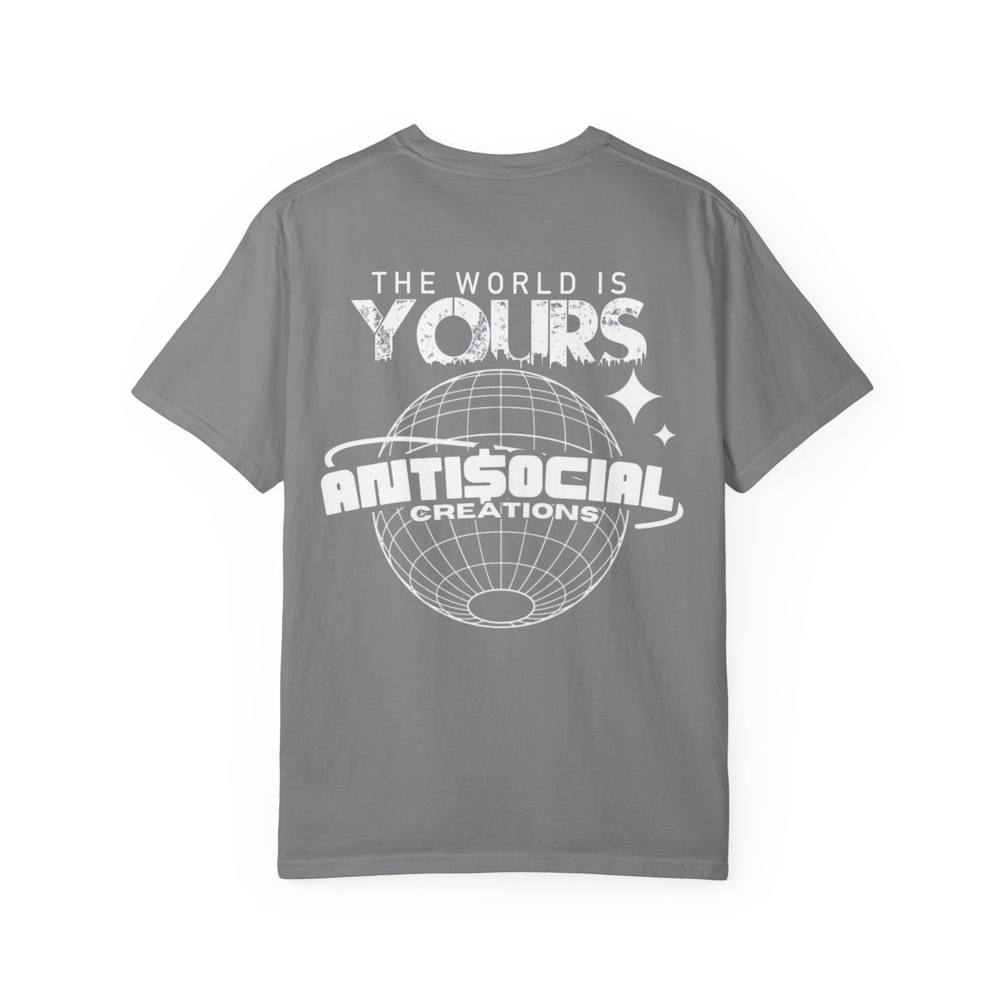 Antisocial Creations Graphic T-Shirt — 'The World Is Yours' Garment-Dyed Tee
