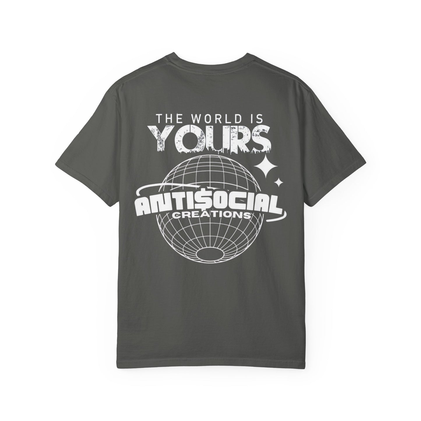 Antisocial Creations Graphic T-Shirt — 'The World Is Yours' Garment-Dyed Tee