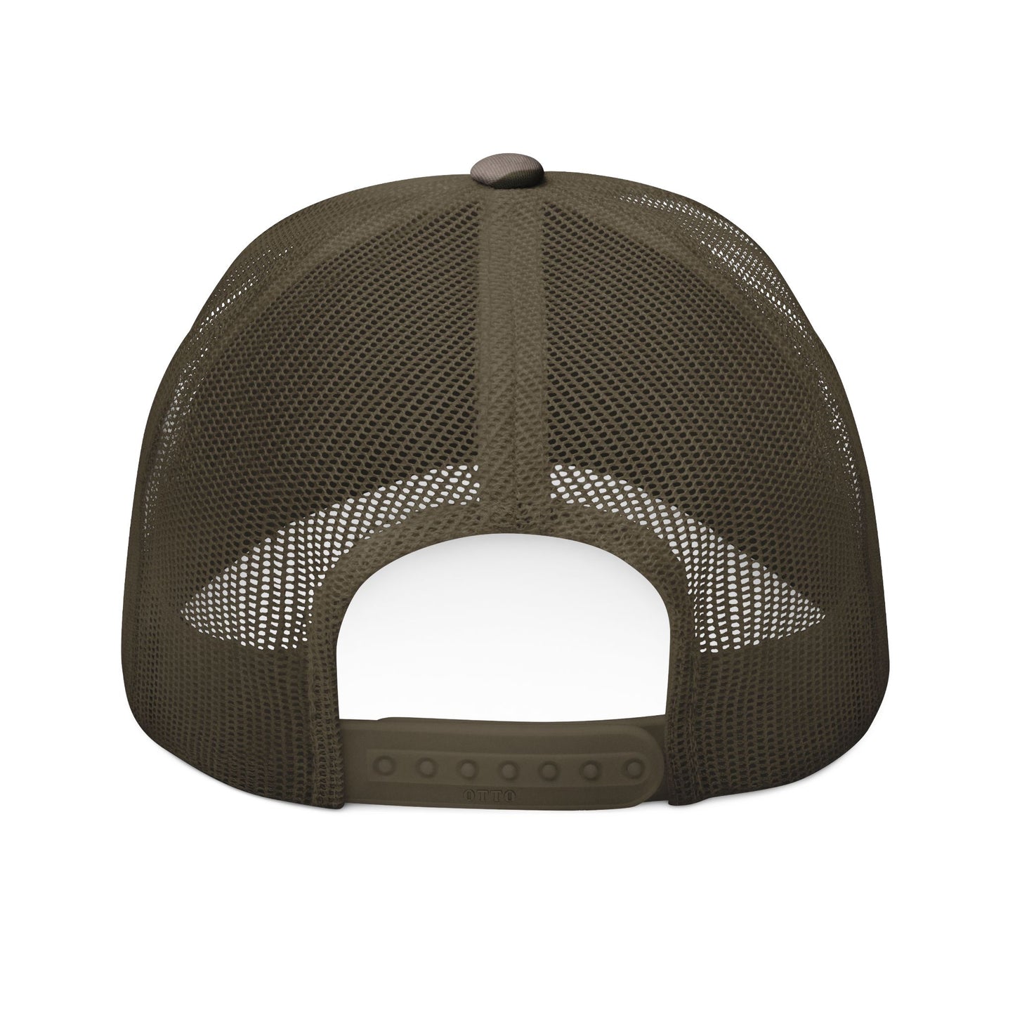 Camouflage Trucker Hat — Embroidered Rustic Camo Cap with Skull Logo