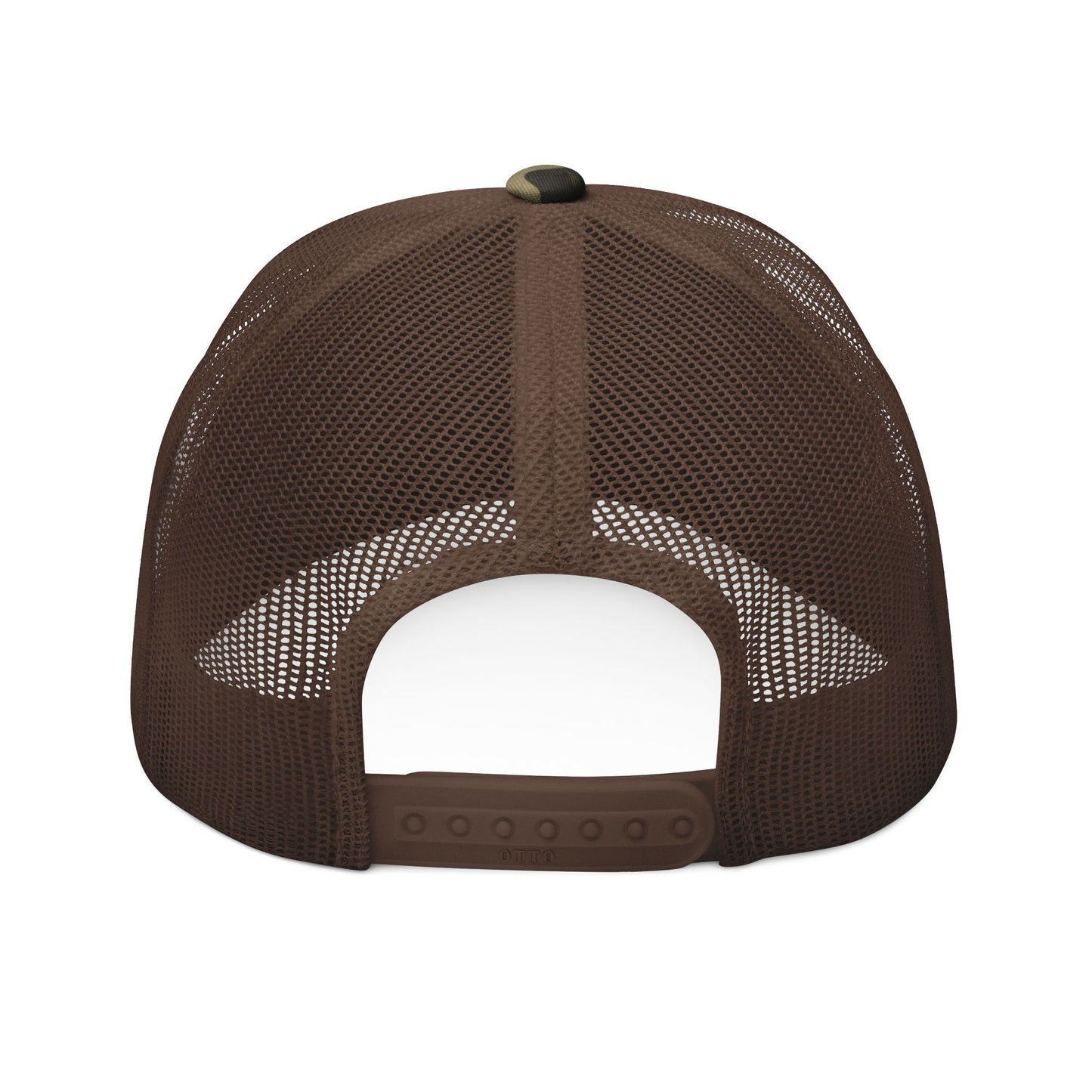 Camouflage Trucker Hat — Embroidered Rustic Camo Cap with Skull Logo